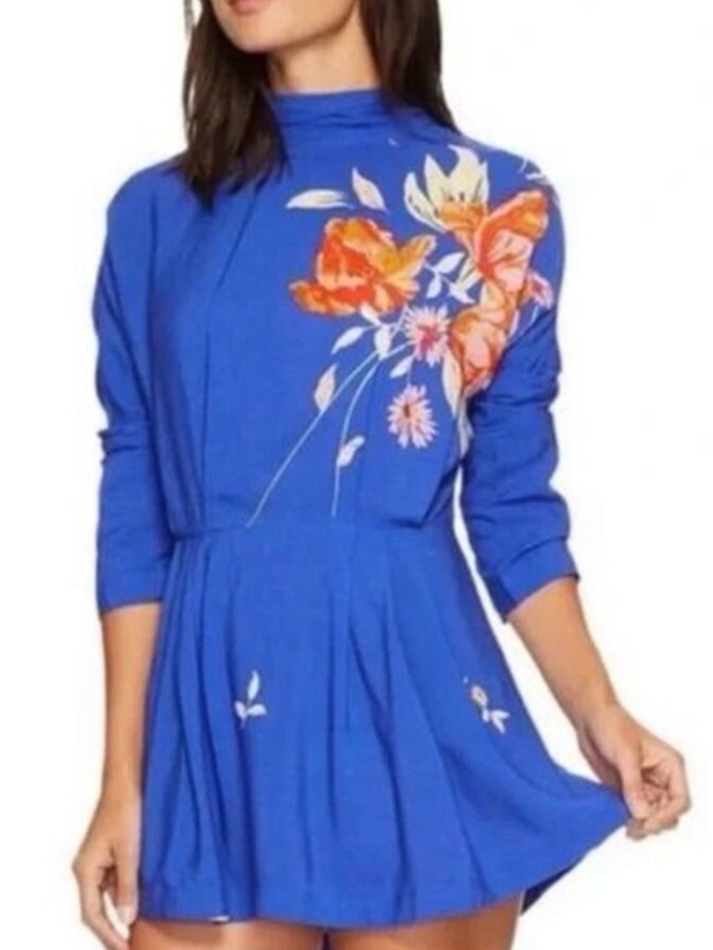NWT! #869 FREE PEOPLE Gemma Royal Blue Floral-Print Long-Sleeve Tunic Mini-Dress